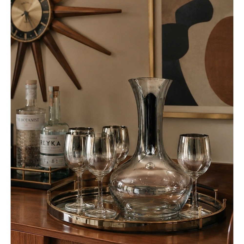 Vintage MCM Silver Ombre Glass Wine Decanter and 4 Stemmed Wine Glasses‎ Barware